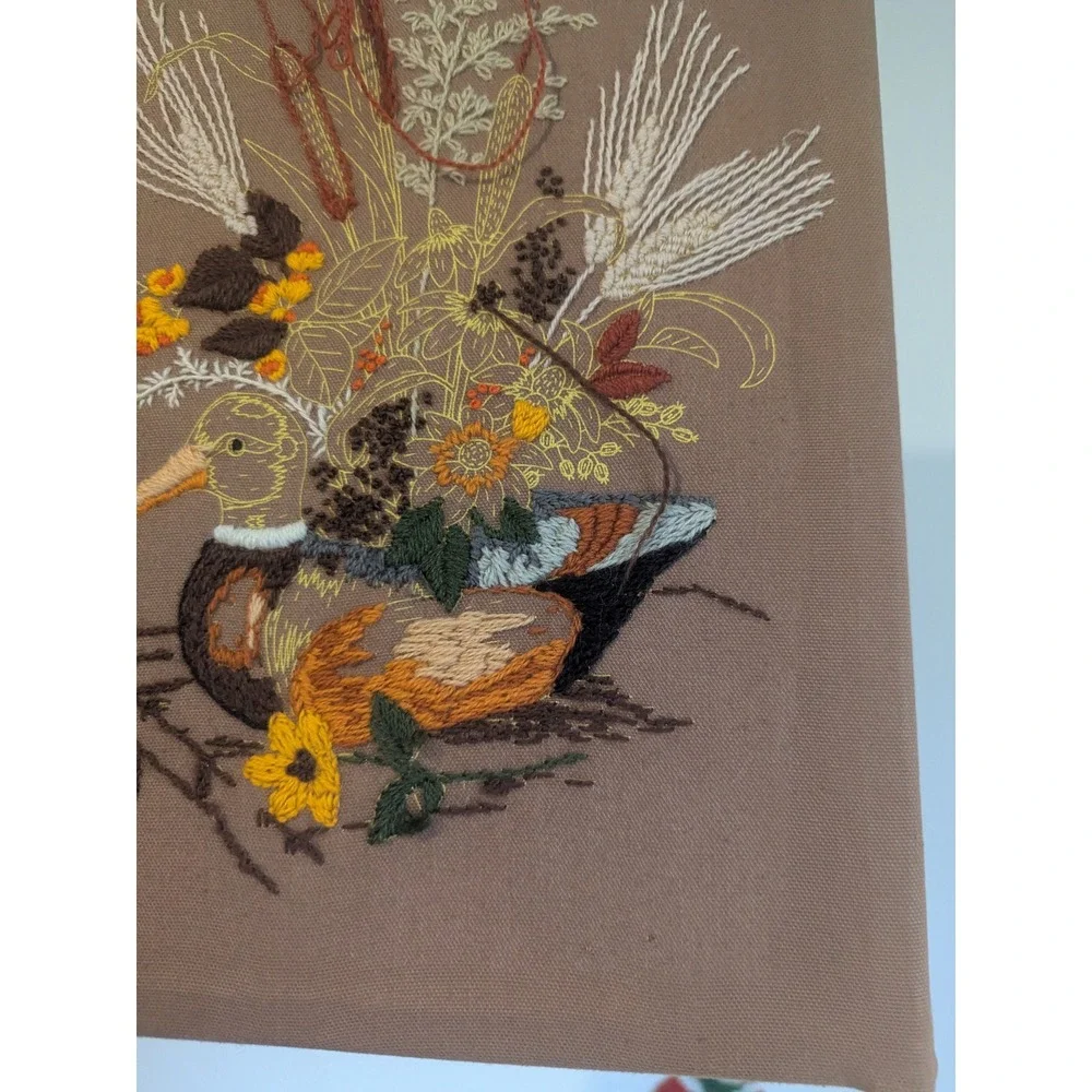Vtg Embroidered Duck Floral Wall Art Framed The Creative Circle Unfinished 16x12